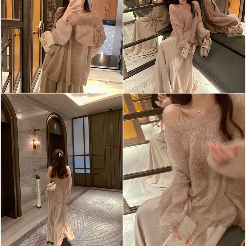 十二月梨花 细幼马海毛针织罩衫/背心两件套慵懒内搭上衣女