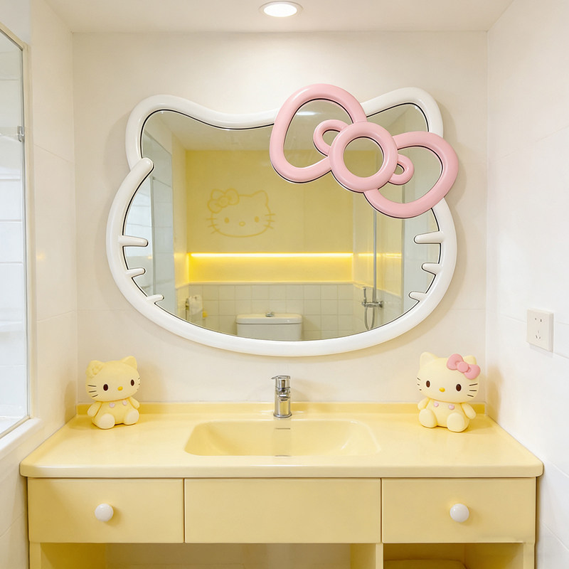 可爱卡通儿童房壁挂装饰镜子ins网红化妆镜猫咪造型LED智能浴室镜