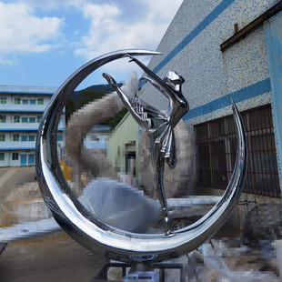 现代轻奢镜面芭蕾舞者月亮摆件不锈钢艺术雕塑售楼处水景落地装 饰