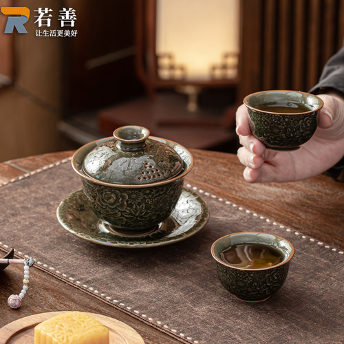 秘色哥窑百花三才满雕盖碗