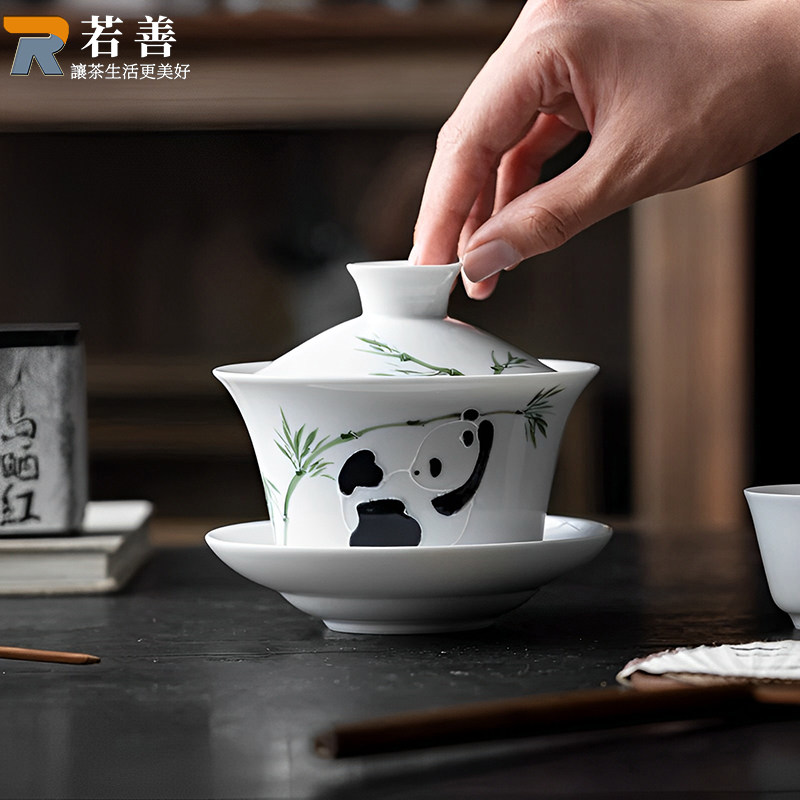 手绘特大号盖碗茶杯熊猫三炮台