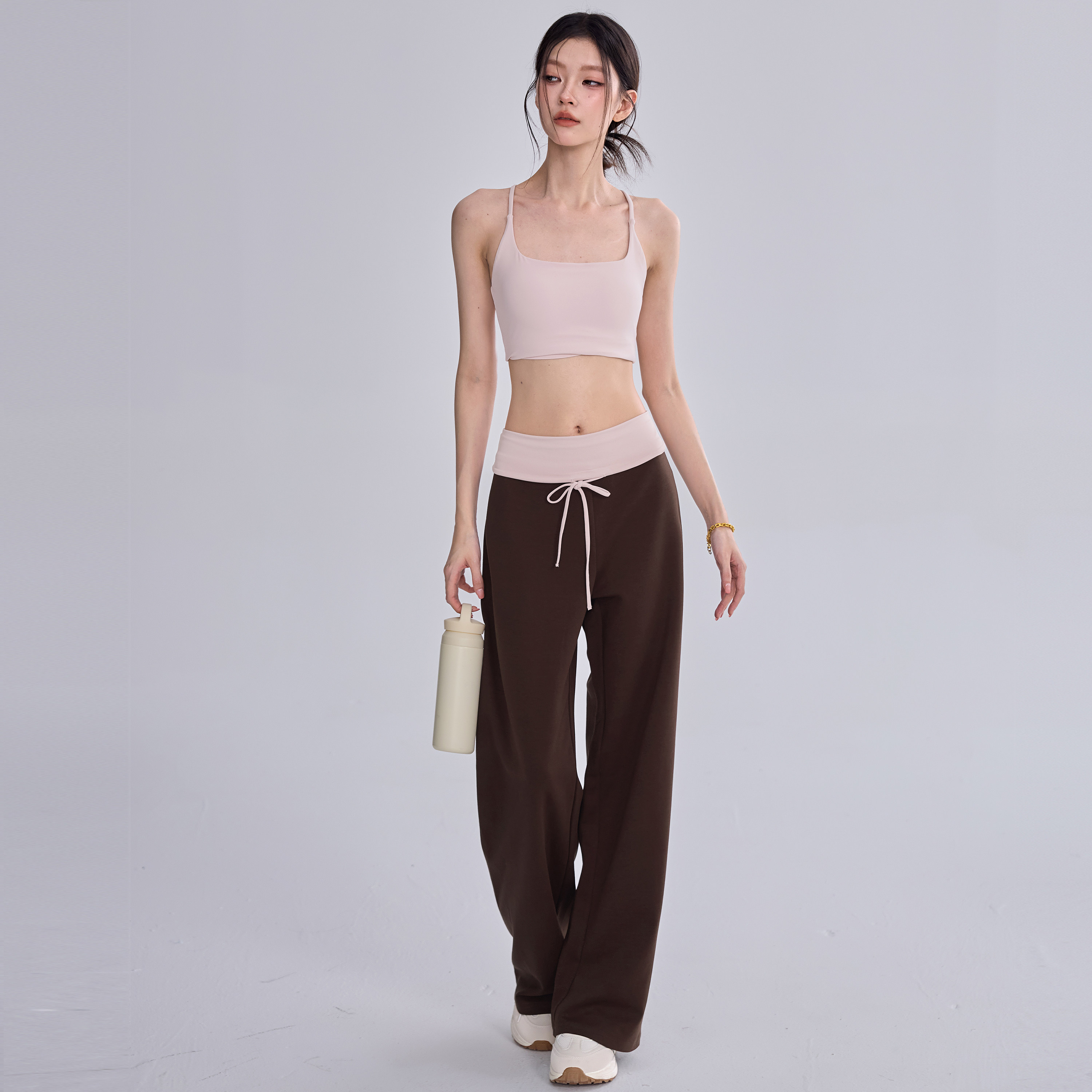 宽松抽绳瑜伽裤女高腰直筒休闲瑜伽健身裤跑步训练撞色运动长裤新