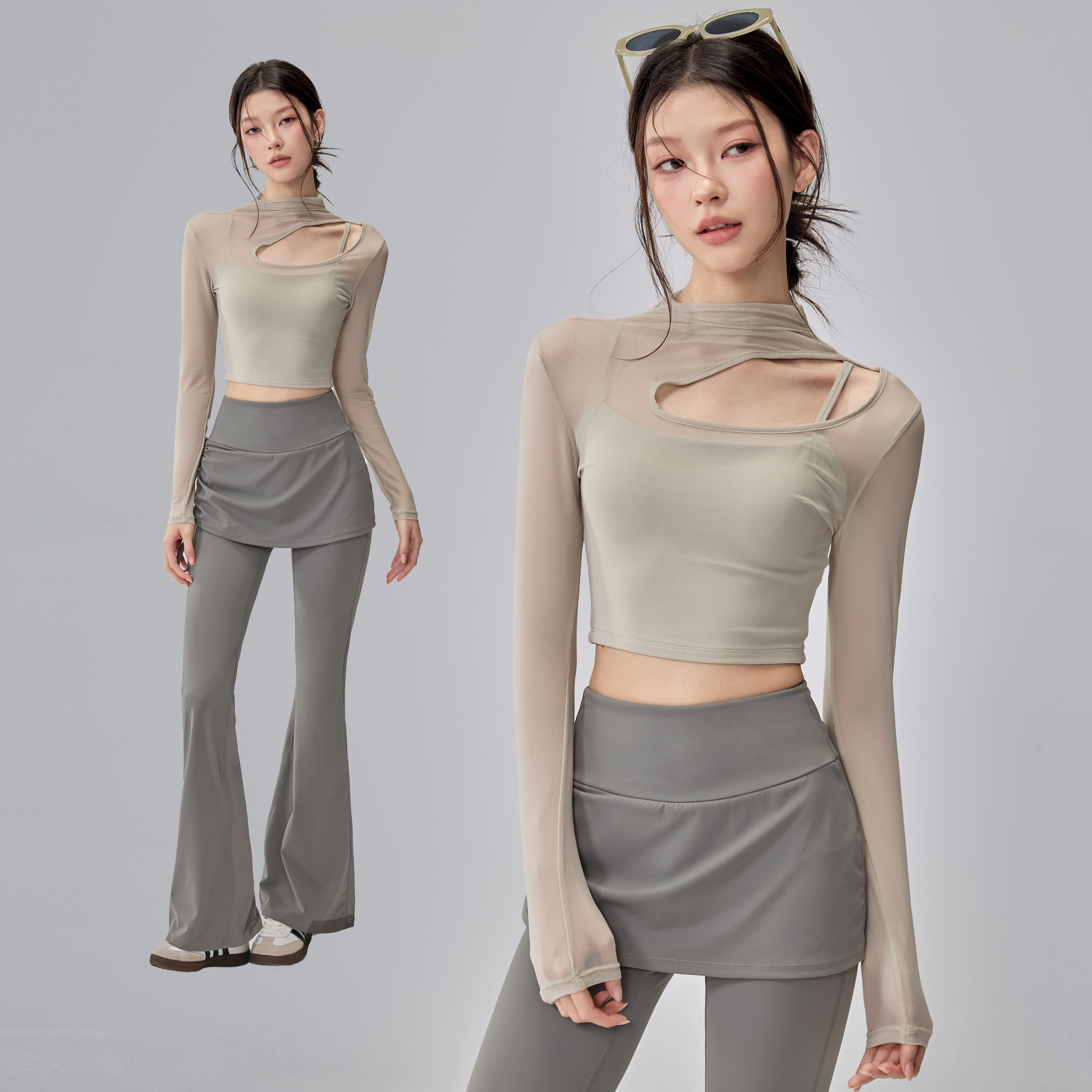 带胸垫瑜伽服女镂空网纱健身长袖上衣2025新款普拉提训练运动套装,运动/瑜伽/健身/球迷用品,瑜伽t恤,淘宝优惠券,粉丝福利购,淘宝优惠卷