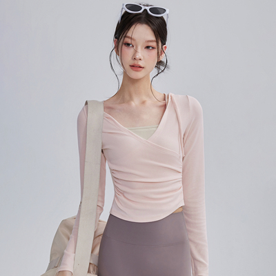 连帽瑜伽服女弹力修身运动上衣V领抽褶显瘦普拉提训练健身长袖秋