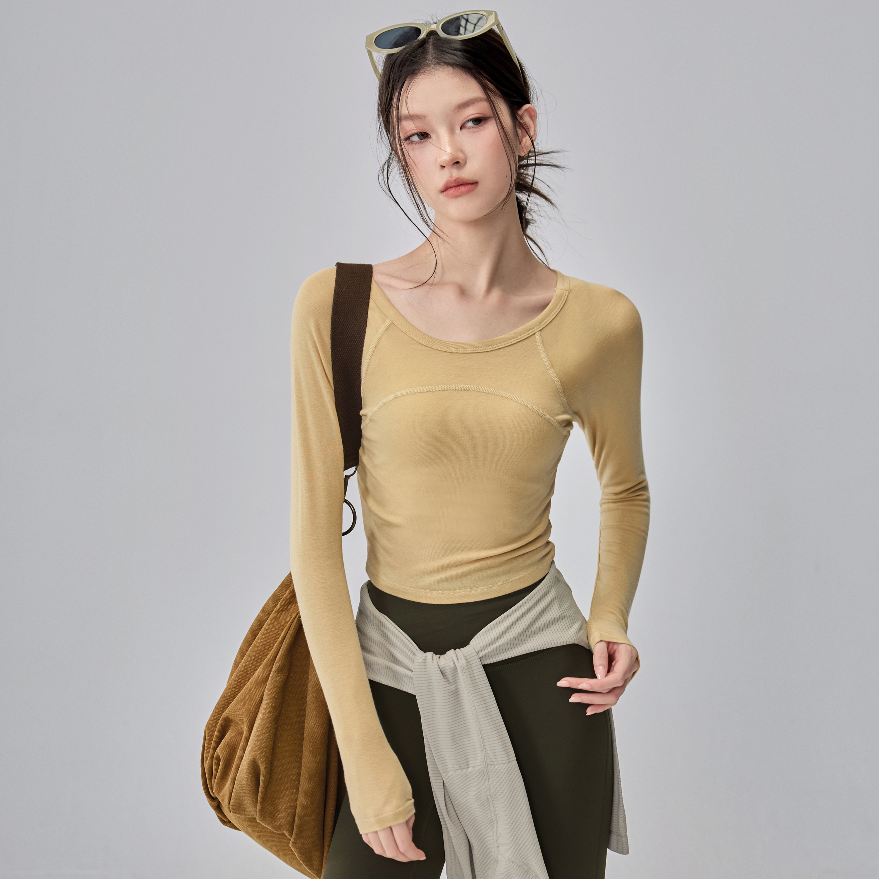 瑜伽服长袖女羊毛紧身运动上衣弹力显瘦秋冬普拉提训练健身T恤新