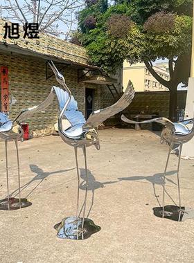 现货镜面不锈钢仙鹤雕塑户外花园庭院草坪景观装饰火烈鸟白鹭摆件