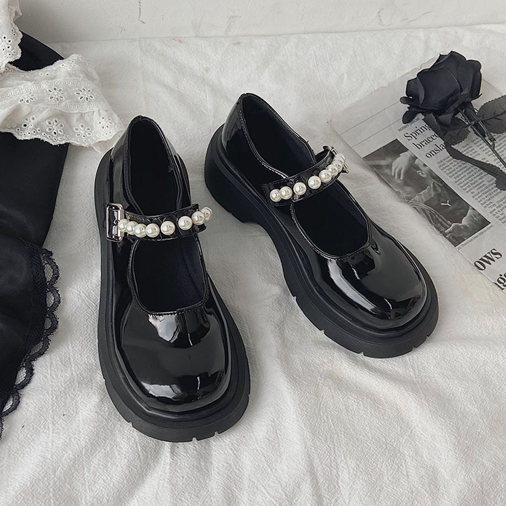 法式复古小皮鞋女英伦风新款珍珠仙女一字带厚底玛丽珍jk单鞋