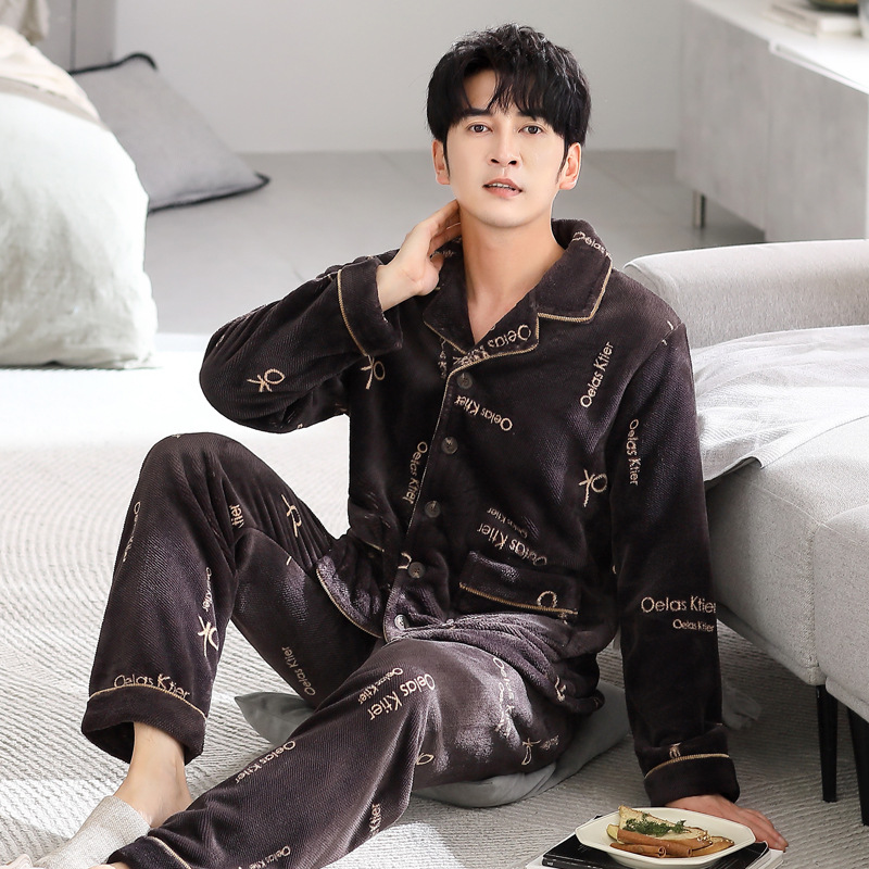 法兰绒男士睡衣长袖开衫翻领加绒加厚保暖柔软冬季男家居服两件套