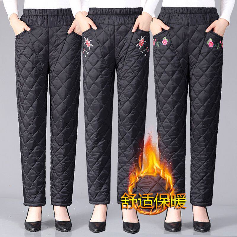 妈妈冬季长裤子羽绒棉压格子松紧带高腰裤休闲女裤外穿中老年保暖