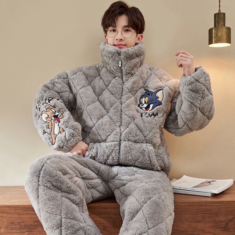 秋冬款珊瑚绒睡衣男冬季加厚加绒男士三层夹棉大童青少年套装