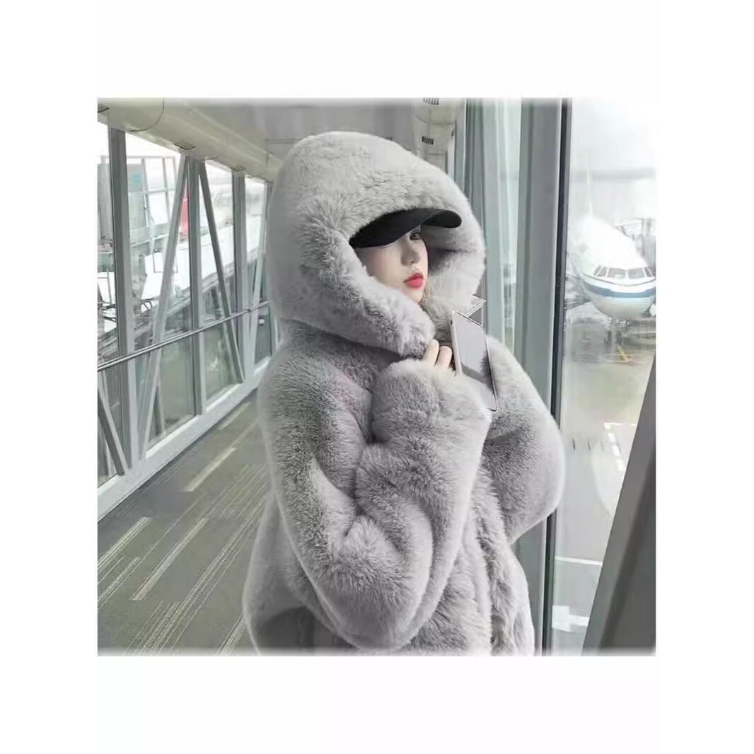 仿獭兔毛皮草外套女冬季新款宽松年轻中长款连帽加厚毛毛大衣