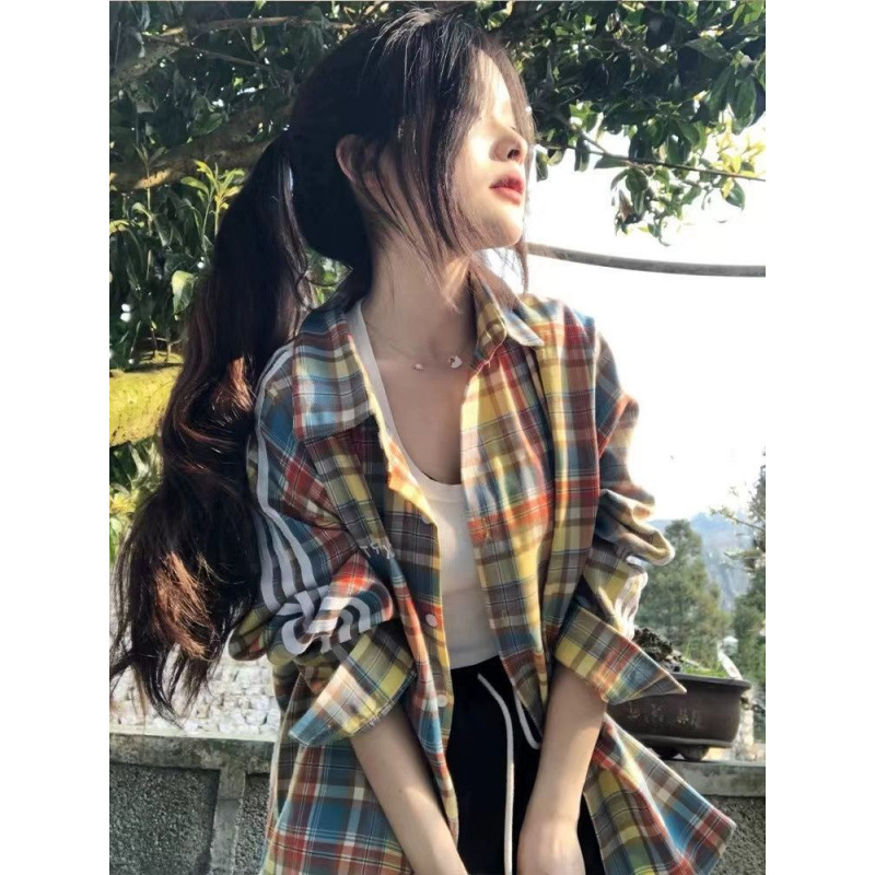 美式复古多巴胺彩色格子衬衫女外套夏季新款长袖宽松设计防晒衬衣