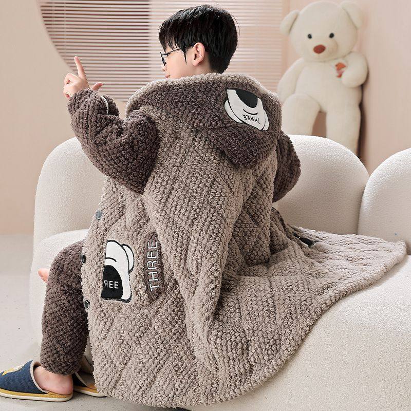 冬季儿童睡衣男童夹棉加厚三层加绒法兰绒中大童家居服中长款套装