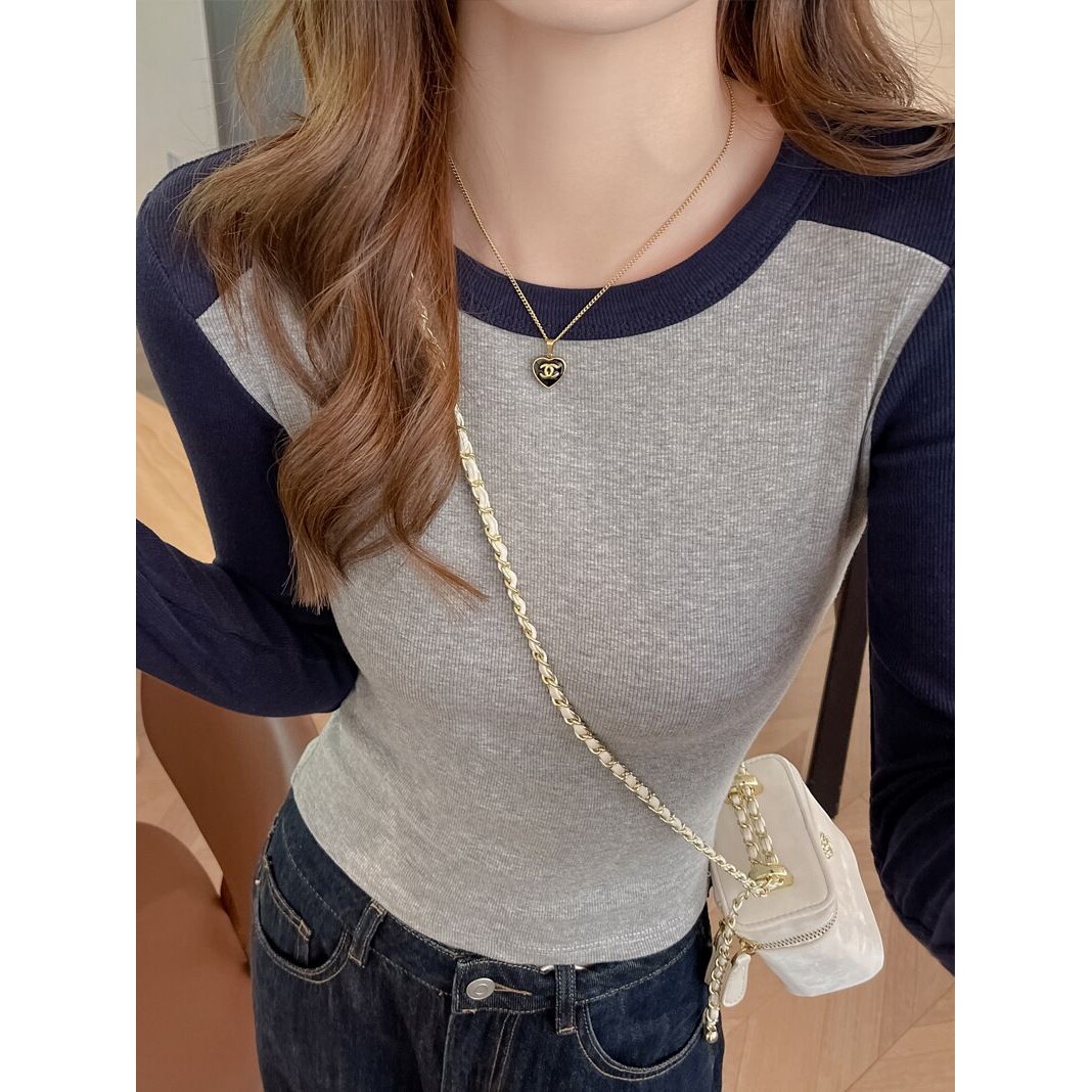 小圆领美式撞色长袖t恤女春秋冬季紧身短款正肩打底衫内搭可外穿