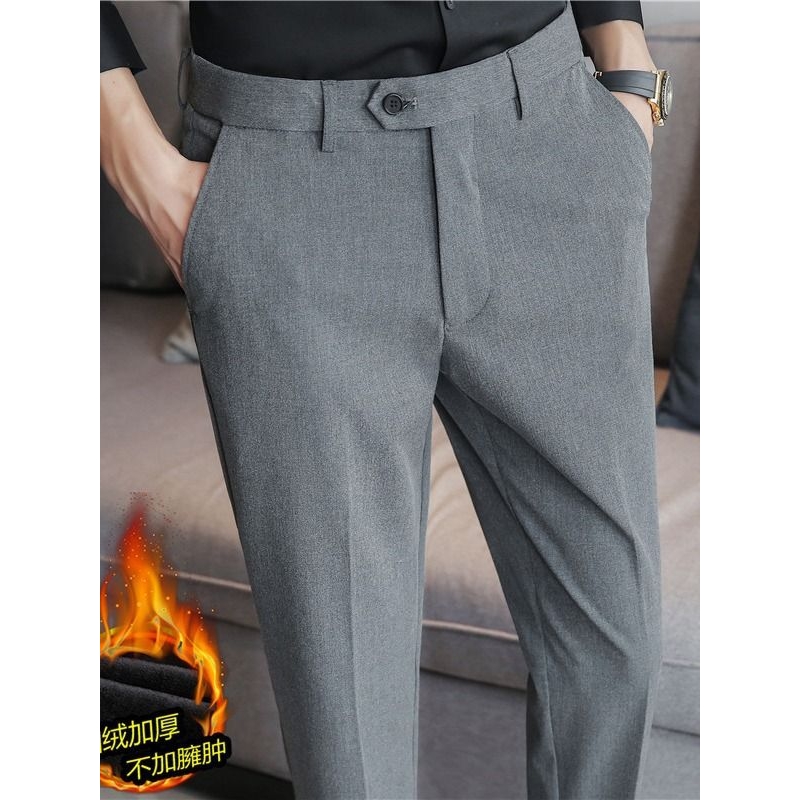 修身直筒西装裤商务潮流正装西裤长裤男 秋冬加绒加厚男士休闲裤