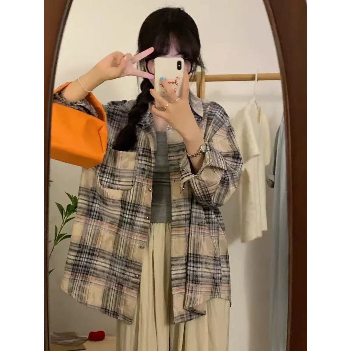 春秋新款韩系宽松多巴胺条纹长袖衬衫女中长款翻领防晒别致衬衣潮