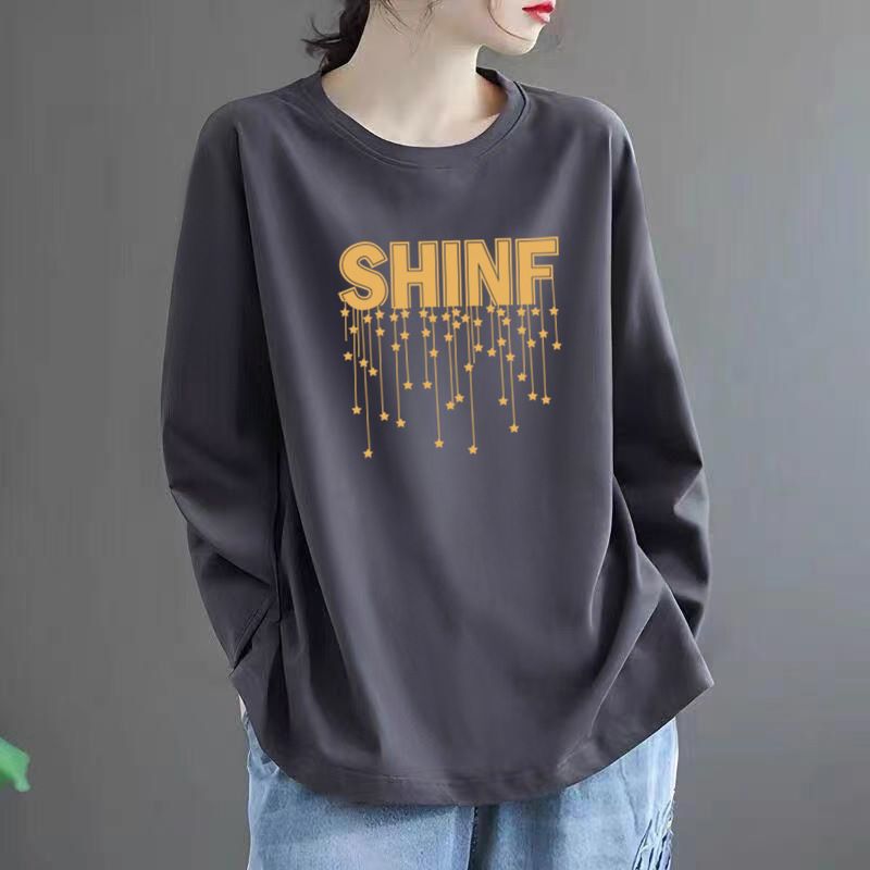 圆领女士纯棉长袖t恤女秋季年新款秋装大码遮肚显瘦衣服早秋