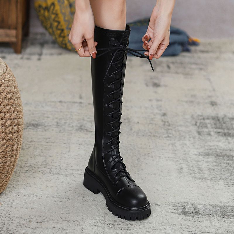 长筒靴子女秋冬大筒围英伦风马丁靴女靴小个子骑士靴休闲百搭