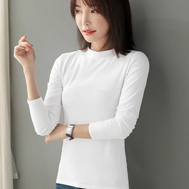 纯棉秋装套头纯色黑白色t恤女内搭修身百搭韩版半高领长袖打底衫