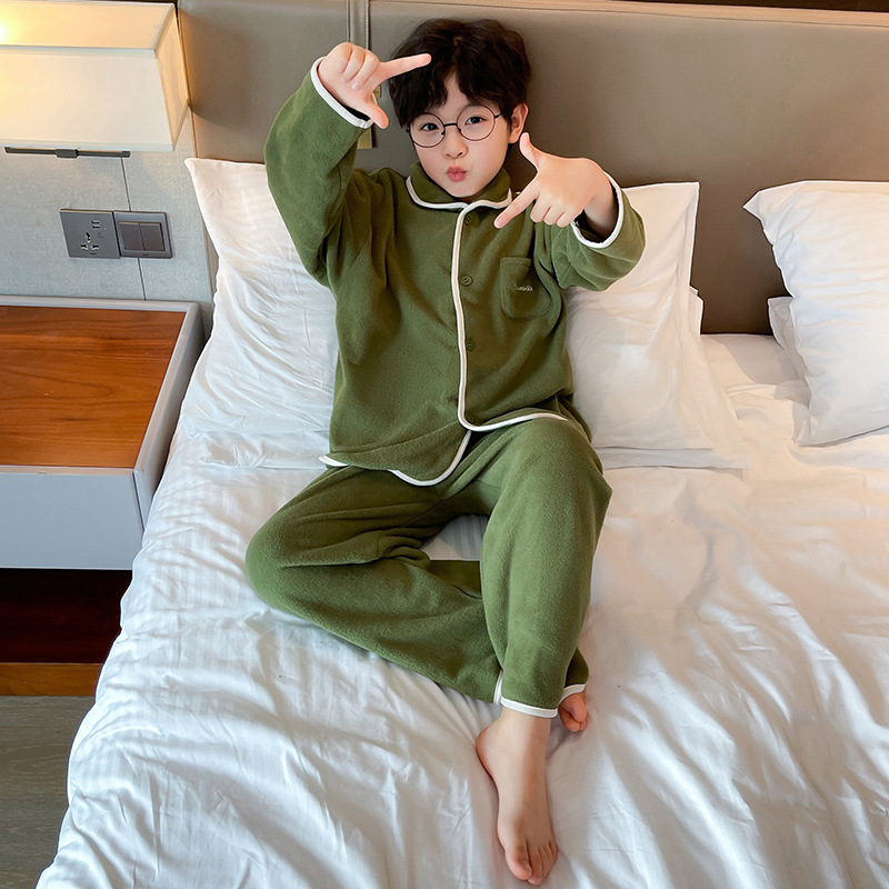 男童睡衣法兰绒秋冬装儿童冬季珊瑚绒开衫家居服套装冬天加绒加厚