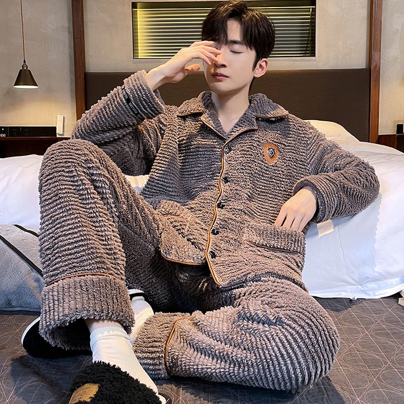 新款秋冬季男士睡衣加绒加厚保暖翻领开衫法兰绒冬款家居服套装男