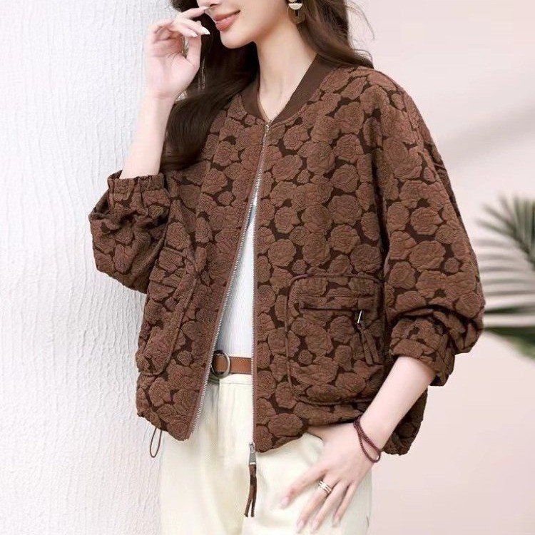 中年妈妈秋款短外套女秋装新款时尚棒球服中老年夹克提花上衣