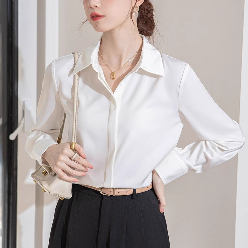 缎面衬衣女春秋白色衬衫2025气质新款长袖上衣职业正装面试工作服