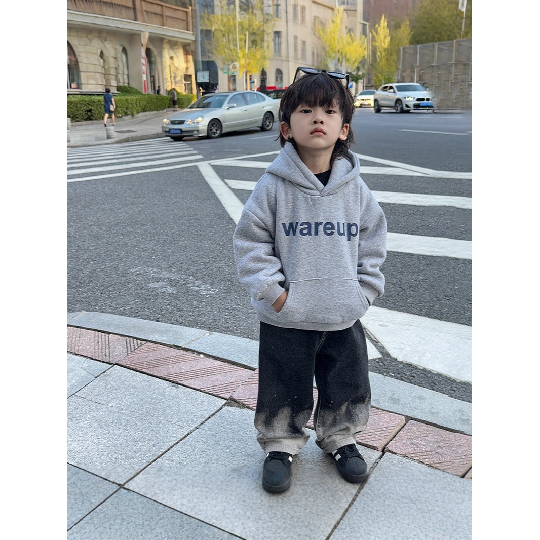 男童纯棉加绒加厚连帽卫衣秋冬季新款儿童保暖抗寒柔软排湿防风潮