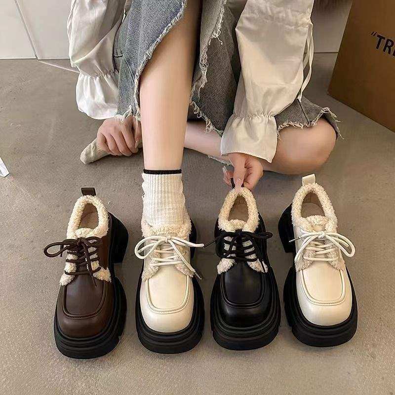 简约系带乐福鞋女韩版冬季加绒厚底增高英伦风小皮鞋显瘦,女鞋,乐福鞋（豆豆鞋）,淘宝优惠券,粉丝福利购,淘宝优惠卷