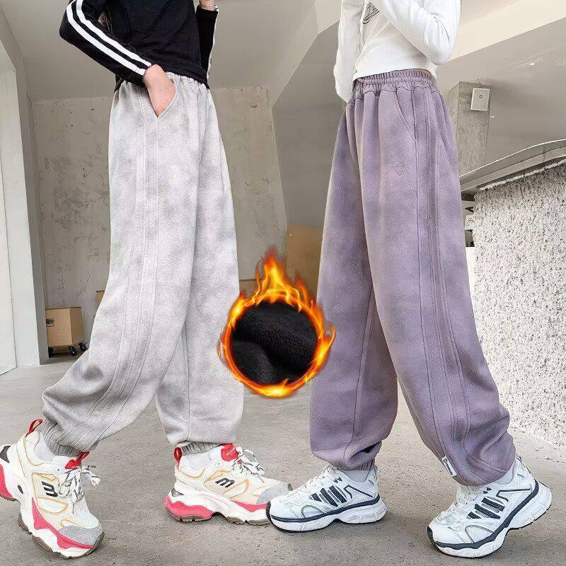 女童一体绒裤子秋装儿童加绒运动长裤新款大童秋冬季休闲卫裤