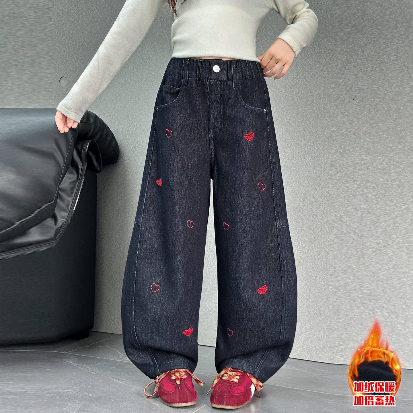 女童加绒牛仔裤2025秋冬新款大童韩版宽松百搭加厚弯刀裤阔腿长裤