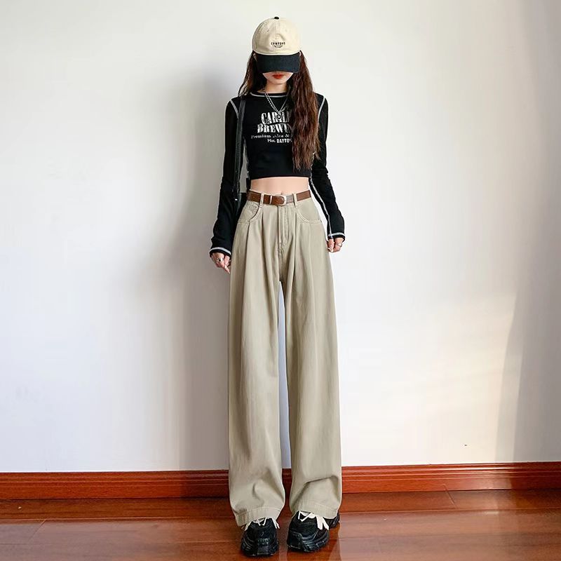 卡其色阔腿牛仔裤女春秋款新款高腰褶皱直筒宽松垂感拖地裤子