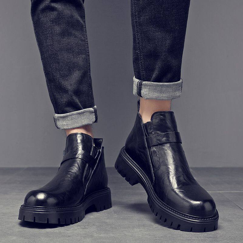 马丁靴男款英伦风冬季加绒男士中帮切尔西布洛克侧拉链休闲短靴子