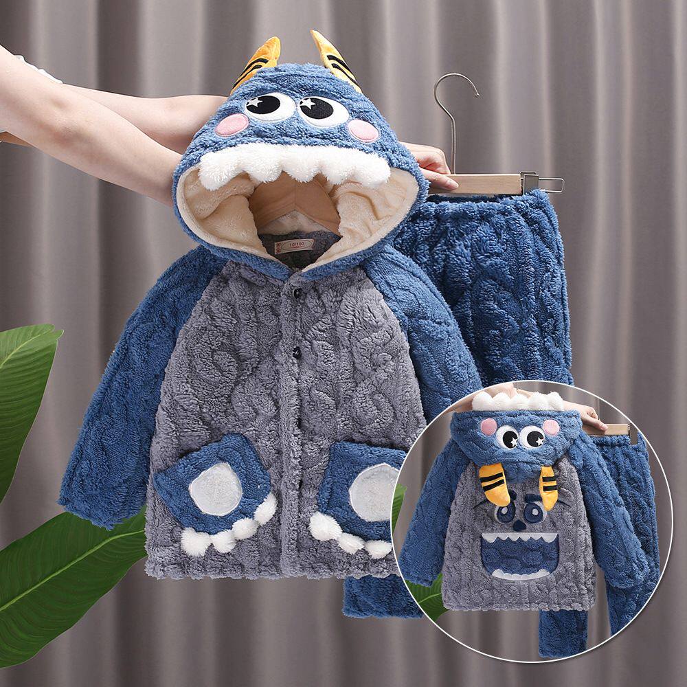 冬季儿童夹棉法兰绒保暖睡衣套装家居服加绒加厚男童棉服外套连帽