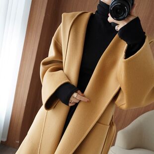 双面呢羊绒大衣女中长款连帽秋冬新款宽松系带气质全羊毛毛呢外套