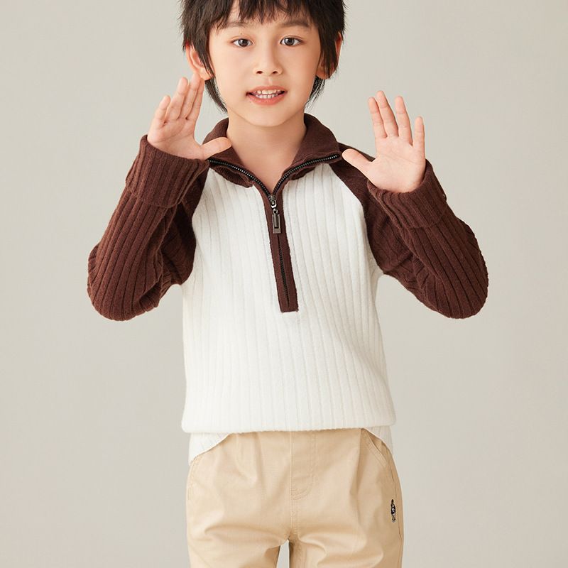 100%羊毛衫男童半拉链针织衫毛衣儿童羊绒衫高领拼色百搭韩版外穿