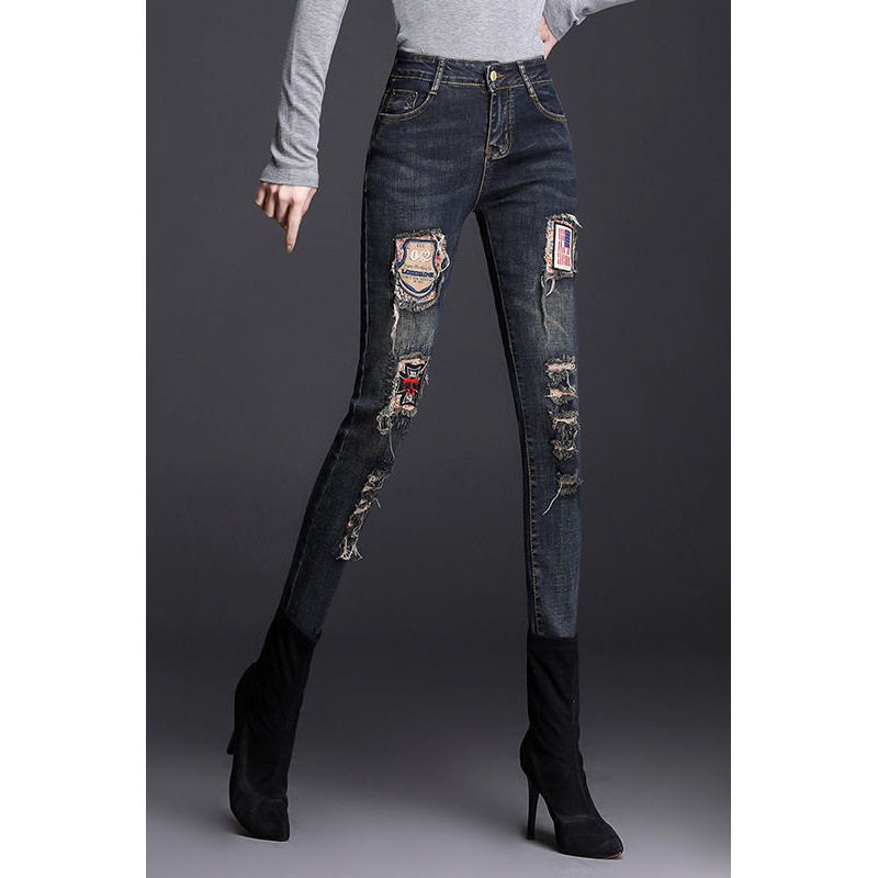 加绒加厚牛仔裤女秋冬新款百搭高腰修身显瘦刺绣弹力破洞小脚
