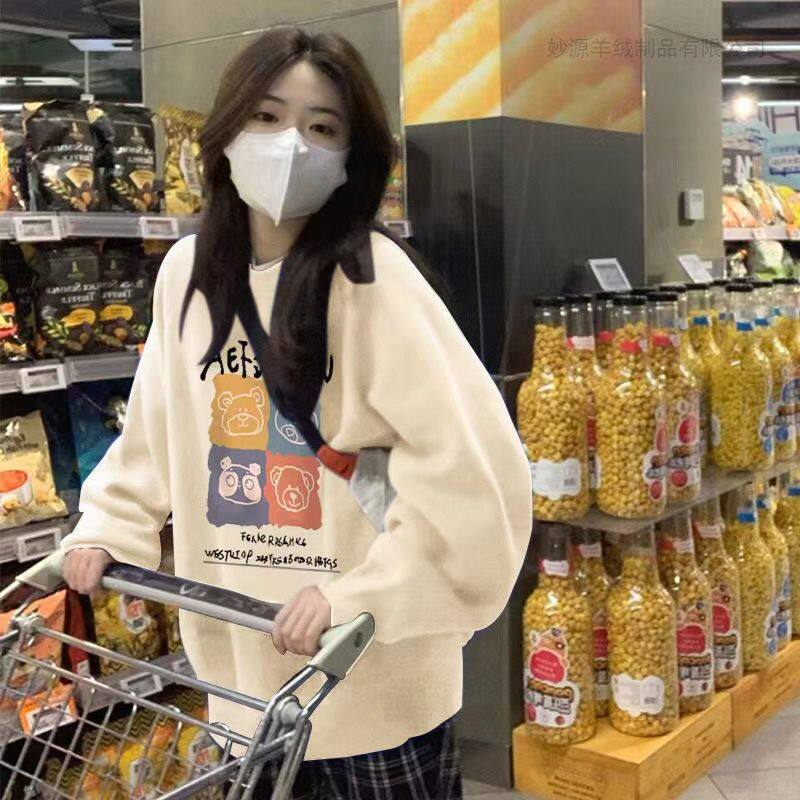 新款圆领卫衣女时尚春秋套头上衣无帽宽松大码加绒外套潮