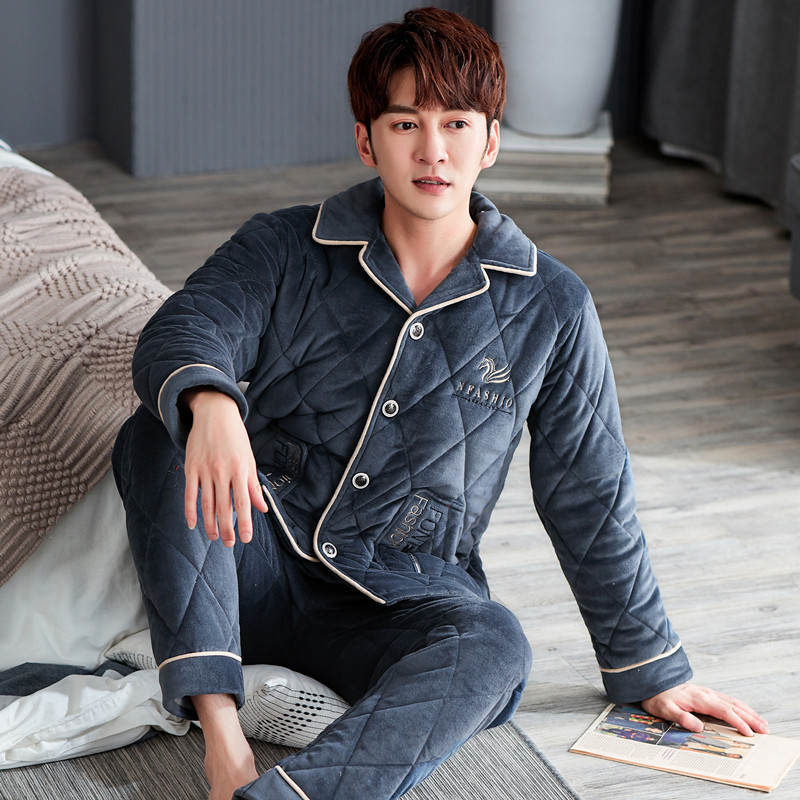 睡衣男冬季加厚加绒珊瑚绒套装三层夹棉保暖家居服大码新款可外穿