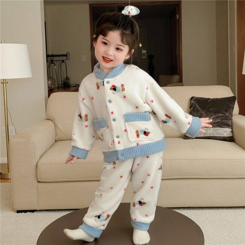 儿童秋冬款法兰绒睡衣宝宝1加绒加厚家居服腊肠狗小女孩5开衫套装