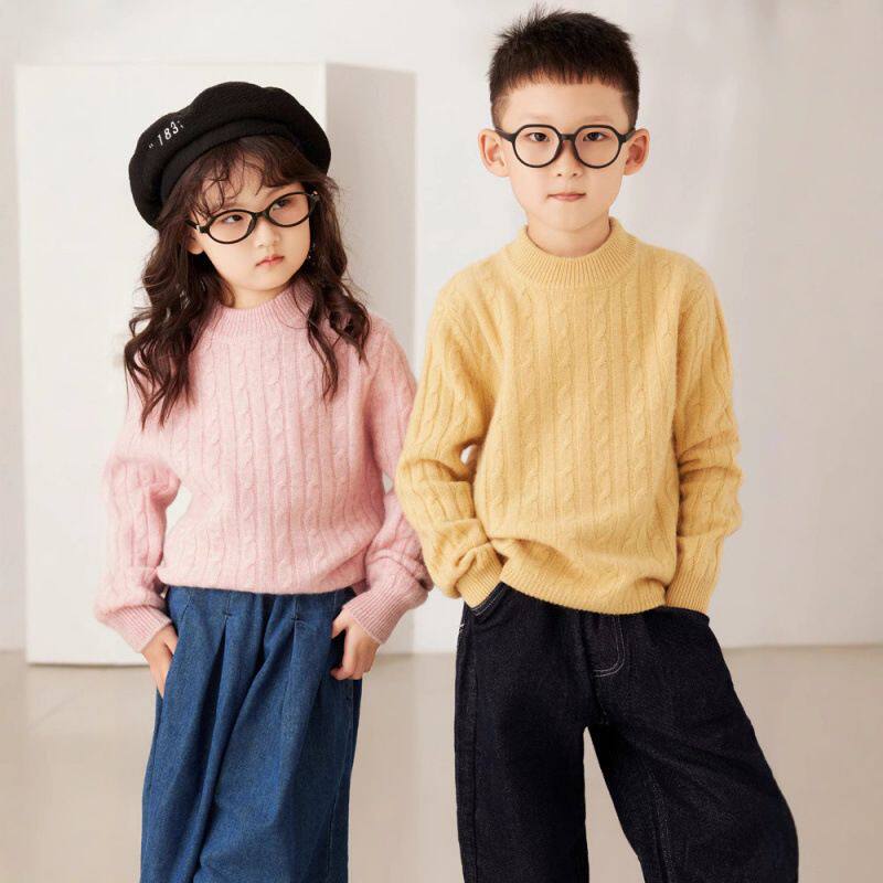 2025冬季新款男女儿童羊毛衫亲肤绒双股加厚扭花纯色百搭针织毛衣
