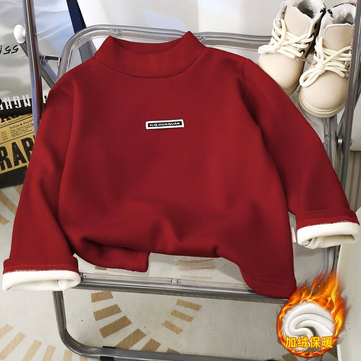 女童洋气上衣秋冬季加绒新款儿童休闲打底衫韩版纯色男童卫衣红色