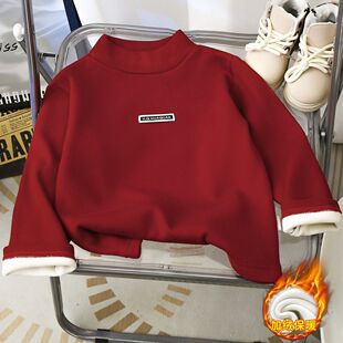 女童洋气上衣秋冬季加绒新款儿童休闲打底衫韩版纯色男童卫衣红色