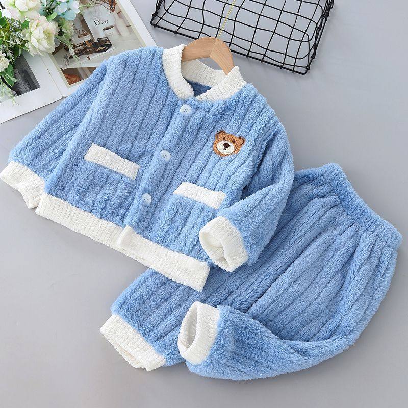 儿童男童宝宝秋冬季加绒法兰绒加厚睡衣男孩套装珊瑚开衫家居服女