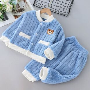 儿童男童宝宝秋冬季加绒法兰绒加厚睡衣男孩套装珊瑚开衫家居服女
