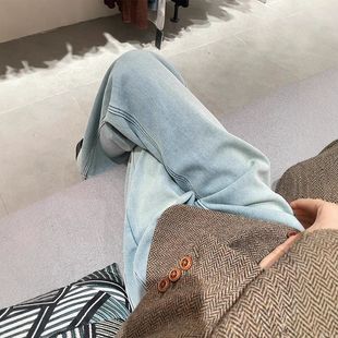 复古浅蓝色加绒阔腿牛仔裤女秋冬年新款春季小个子窄版直筒裤