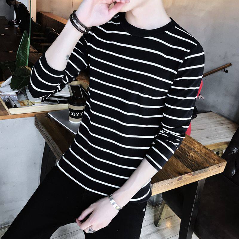 男士长袖T恤男圆领黑白条纹体恤潮流韩版修身春秋衣服男装打底衫