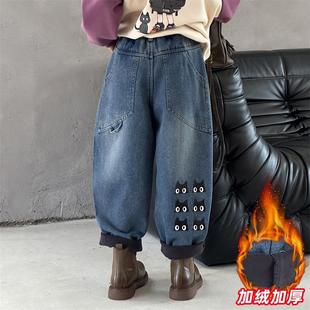 女大童加厚一体绒裤 儿童冬装 子 秋冬时髦宽松老爹裤 女童加绒牛仔裤