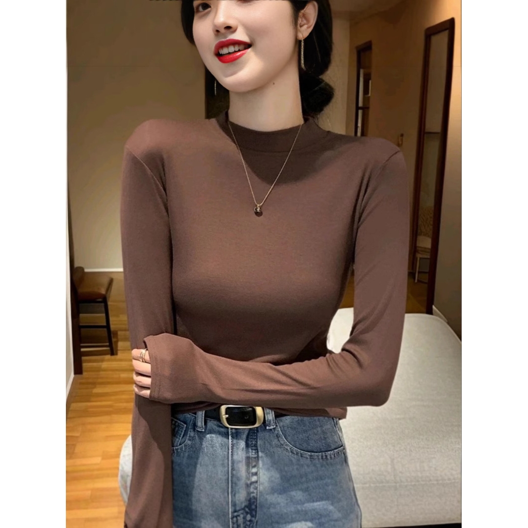 半高领打底衫秋冬季女可外穿内搭上衣修身磨毛长袖T恤打底衫冬季