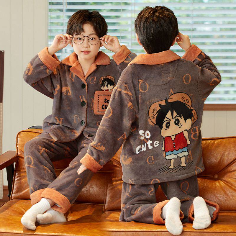 男童睡衣秋冬季珊瑚绒加绒款小男孩套装法兰绒休闲开衫家居服儿童